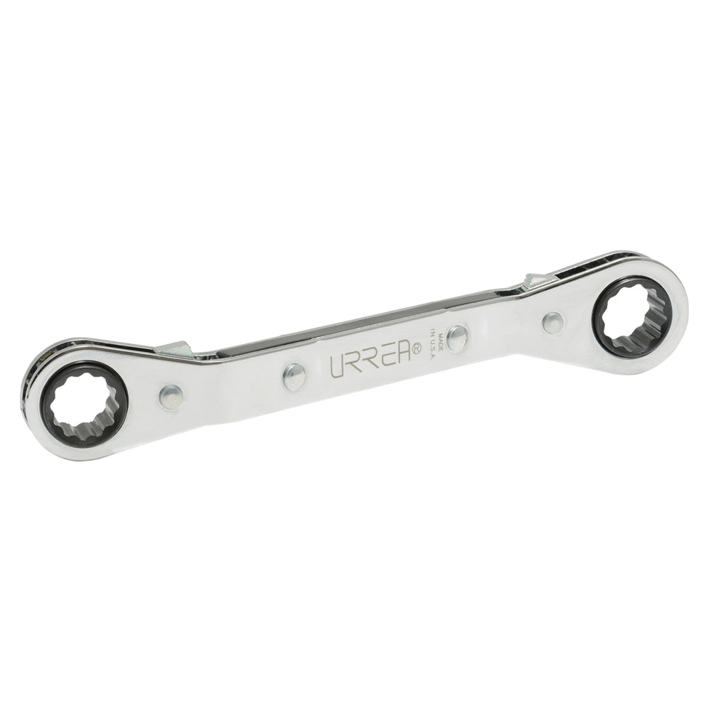 Llave de estrías pulido espejo acodada de matraca en pulgadas, 12 puntas, 3/8" x 7/16" Urrea