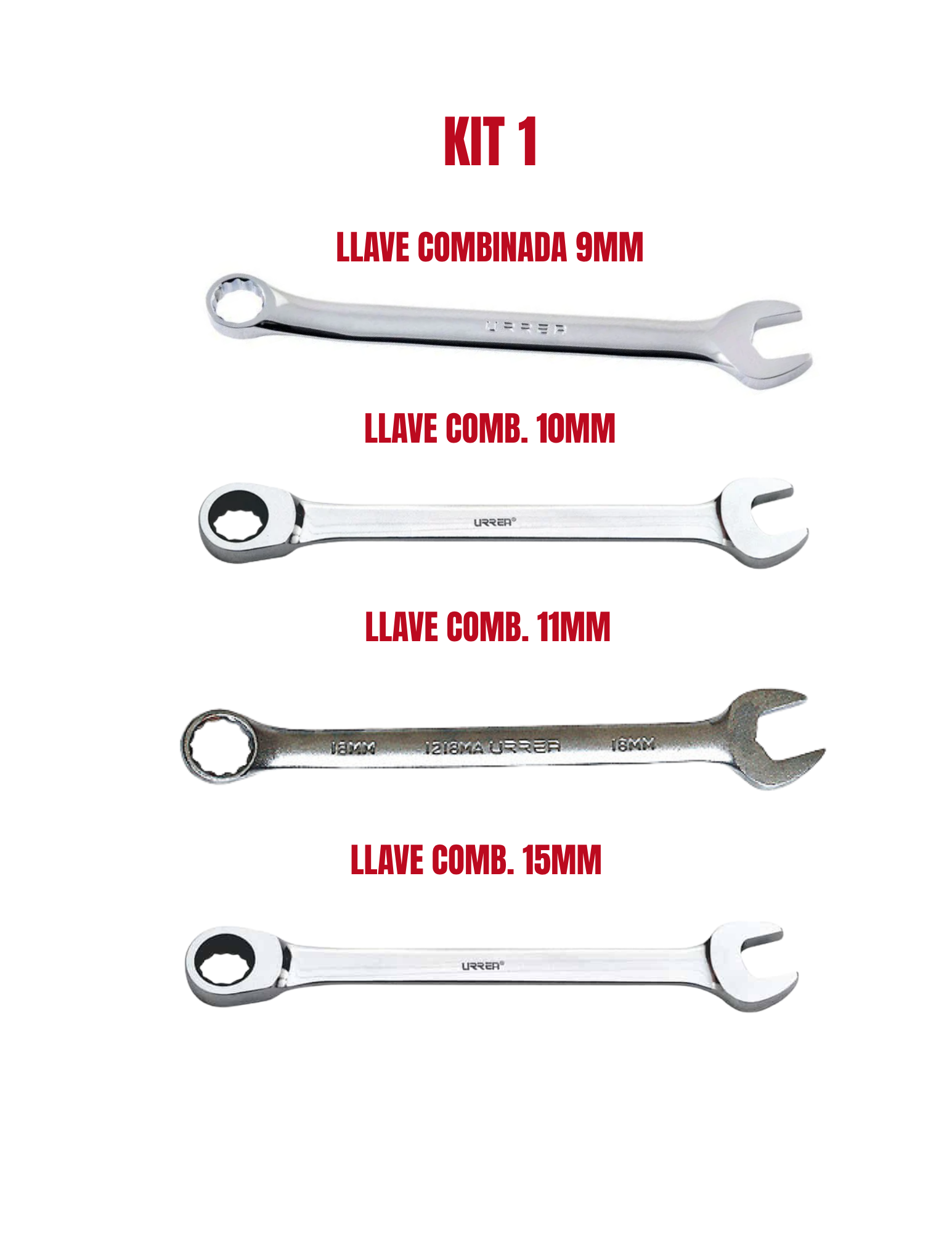 Kit de Llaves Combinadas 9 mm, 10 mm, 11 mm y 15 mm Urrea