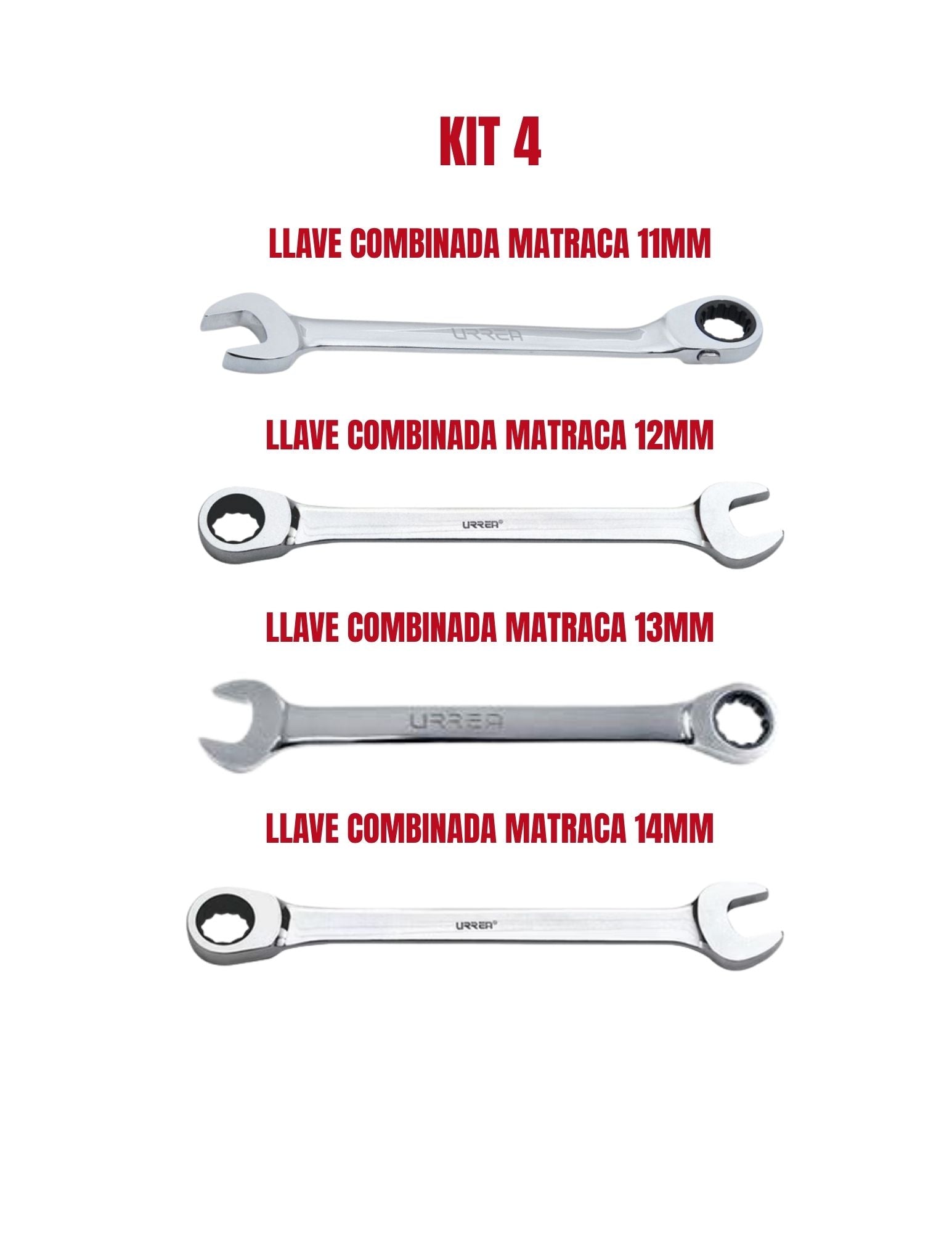 Kit de Llaves Combinadas con Matraca 11 mm, 12 mm, 13 mm y 14 mm Urrea
