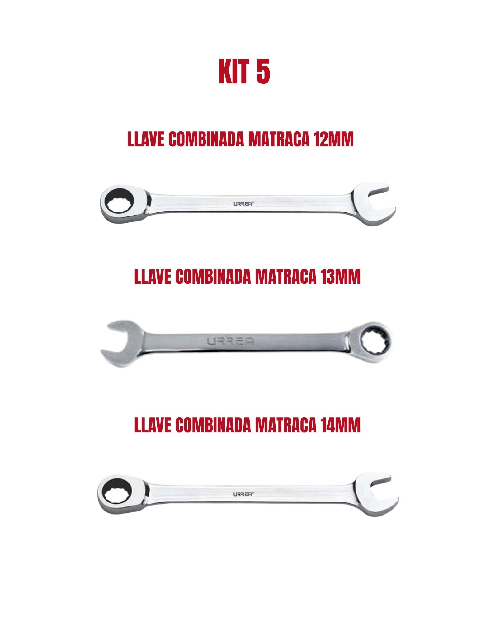 Kit de Llaves Combinadas con Matraca 12 mm, 13 mm y 14 mm Urrea
