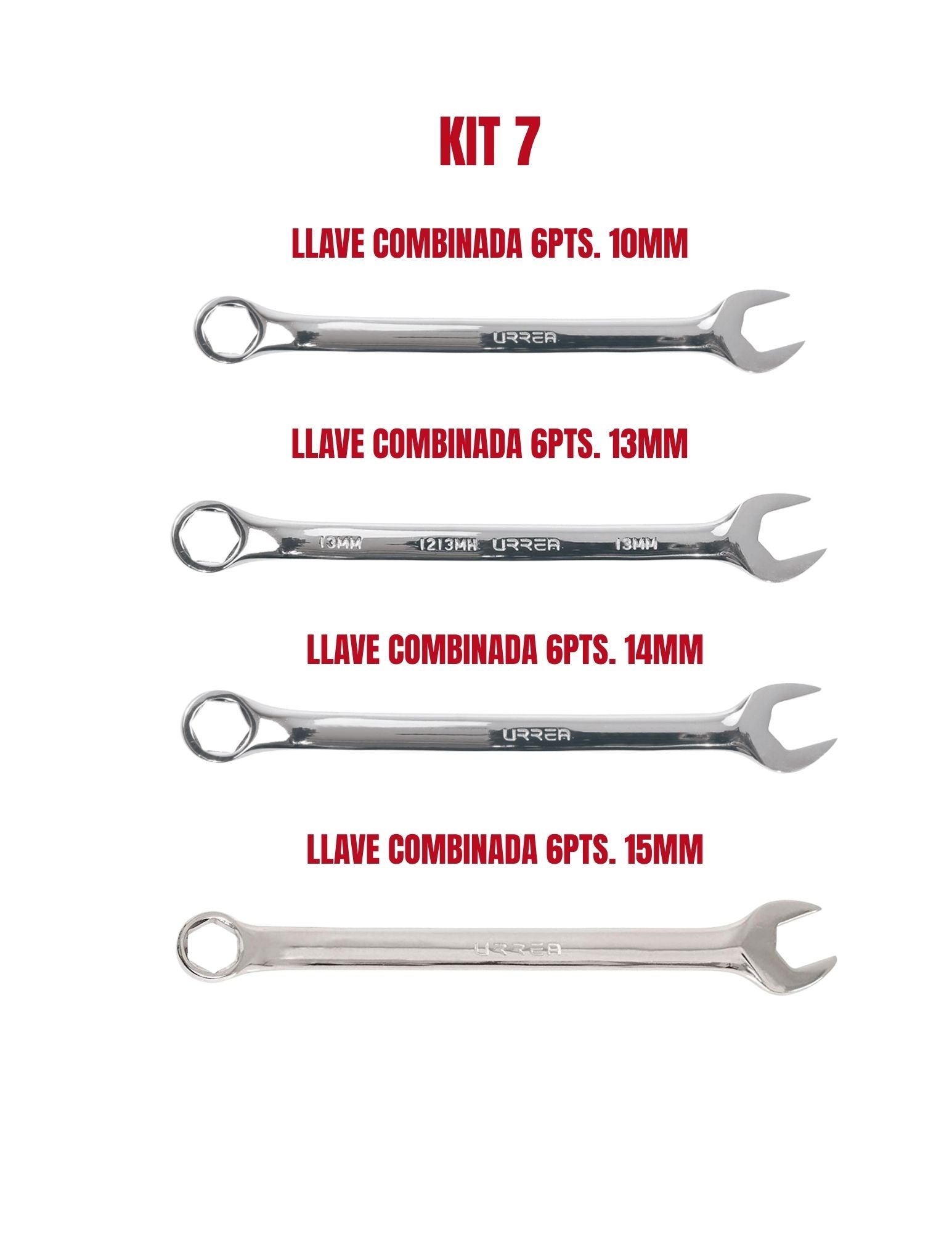 Kit de Llaves Combinadas de 6 puntas 10 mm, 13 mm, 14 mm y 15 mm Urrea