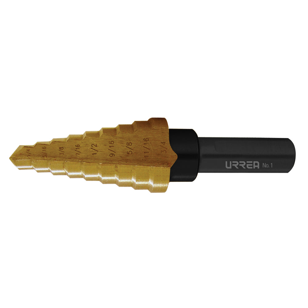 Broca escalonada de acero con doble estría #6, 13/16" a 1-3/8" zanco 3 planos Urrea